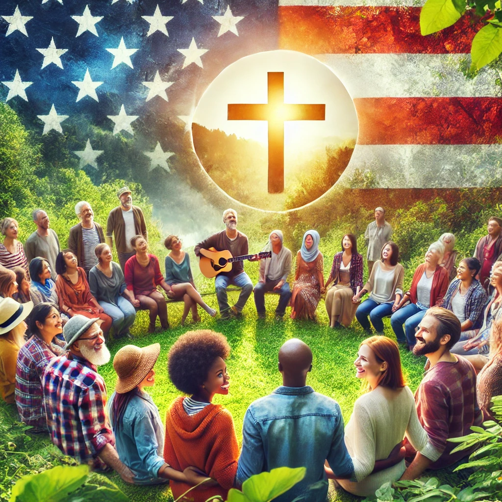 A diverse group of people gathered in a peaceful, natural setting, representing the Swing Lifestyle Christians Group in America and connecting with alternative lifestyle groups and swingers clubs. The image conveys themes of community, openness, faith, and inclusion, featuring people of various ages, ethnicities, and genders, smiling and interacting warmly.